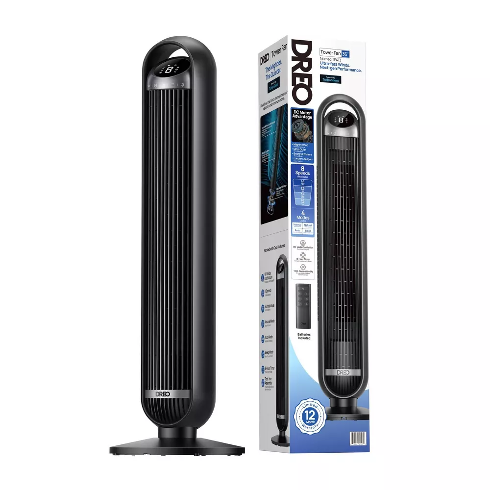 [LPTG4136419] DREO Nomad 36" Quiet Bladeless Oscillating Tower Fan Black/Silver