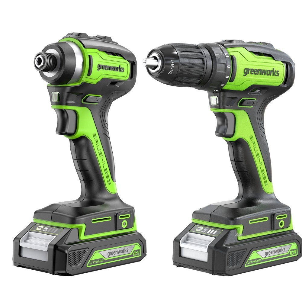 Greenworks POWERALL 24V Cordless Brushless Drill/Impact Driver with 2 Batteries of 2.0Ah and Charger