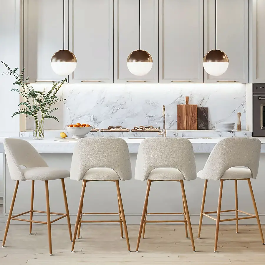 Edwi Beige Boucle Counter Stool Set Of 4,Boucle Fabric Modern Counter Stools with Metal Legs,26 Inch Stools With Back for Kitchen Island-Maison Boucle
