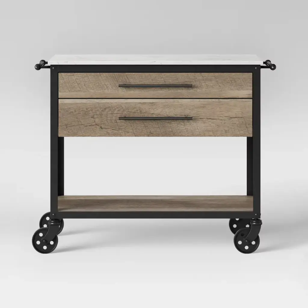 Derry Stone Top Mixed Material Kitchen Island Brown - Threshold: Solid Hardwood, Storage, Wheels