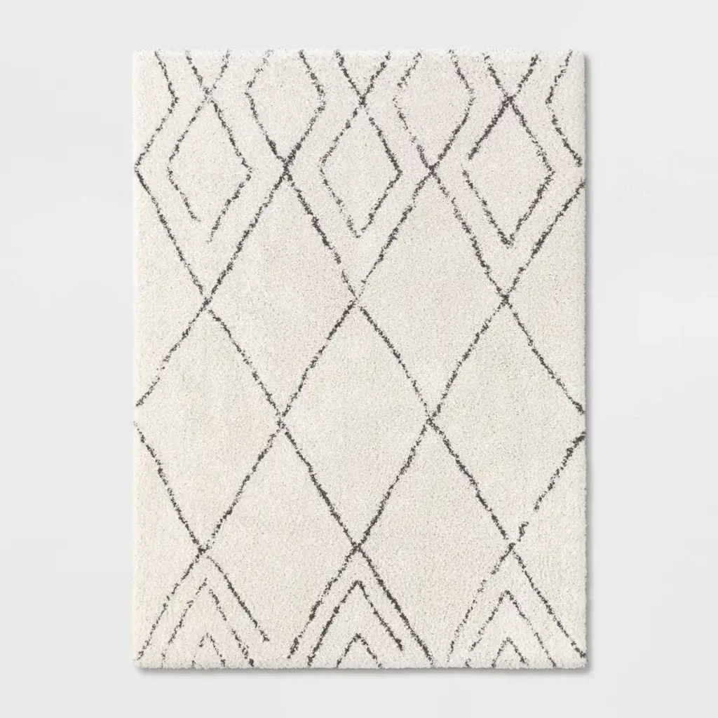 7'x10' Diamond Patterned Shag Woven Area Rug Beige - Threshold: Modern High Pile Fade-Resistant Indoor Rug