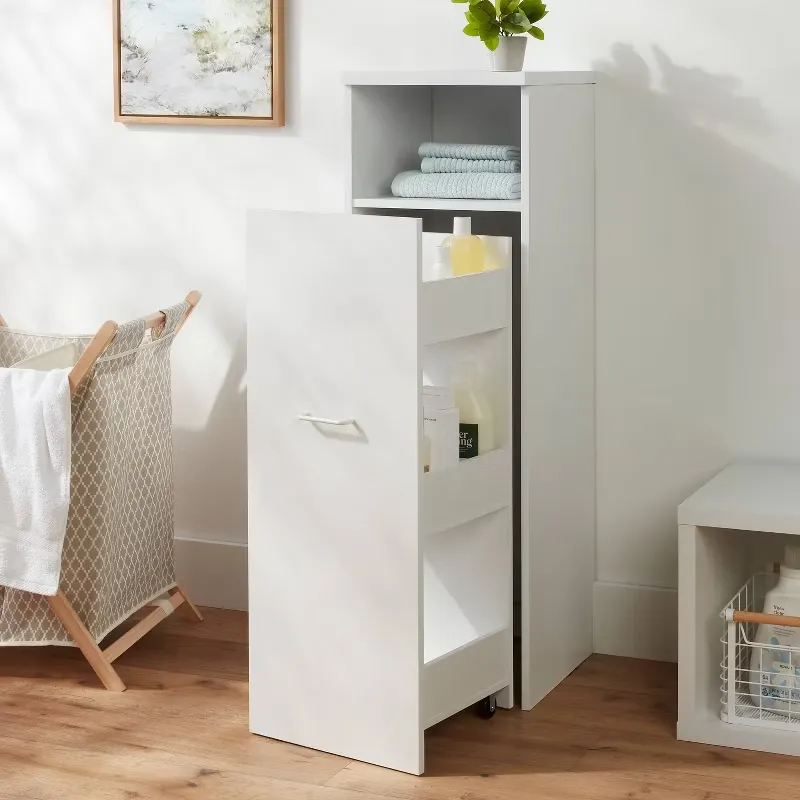 Narrow Storage Cabinet with Pull Out Cart White - Brightroom: Utility Cart, Rolling Casters, Particle Board, 45" Height