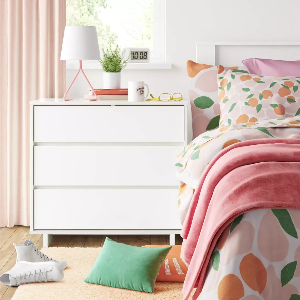 Modern 3 Drawer Dorm Dresser White - Room Essentials: Laminated, CARB Certified, Includes Anti-Tip Hardware