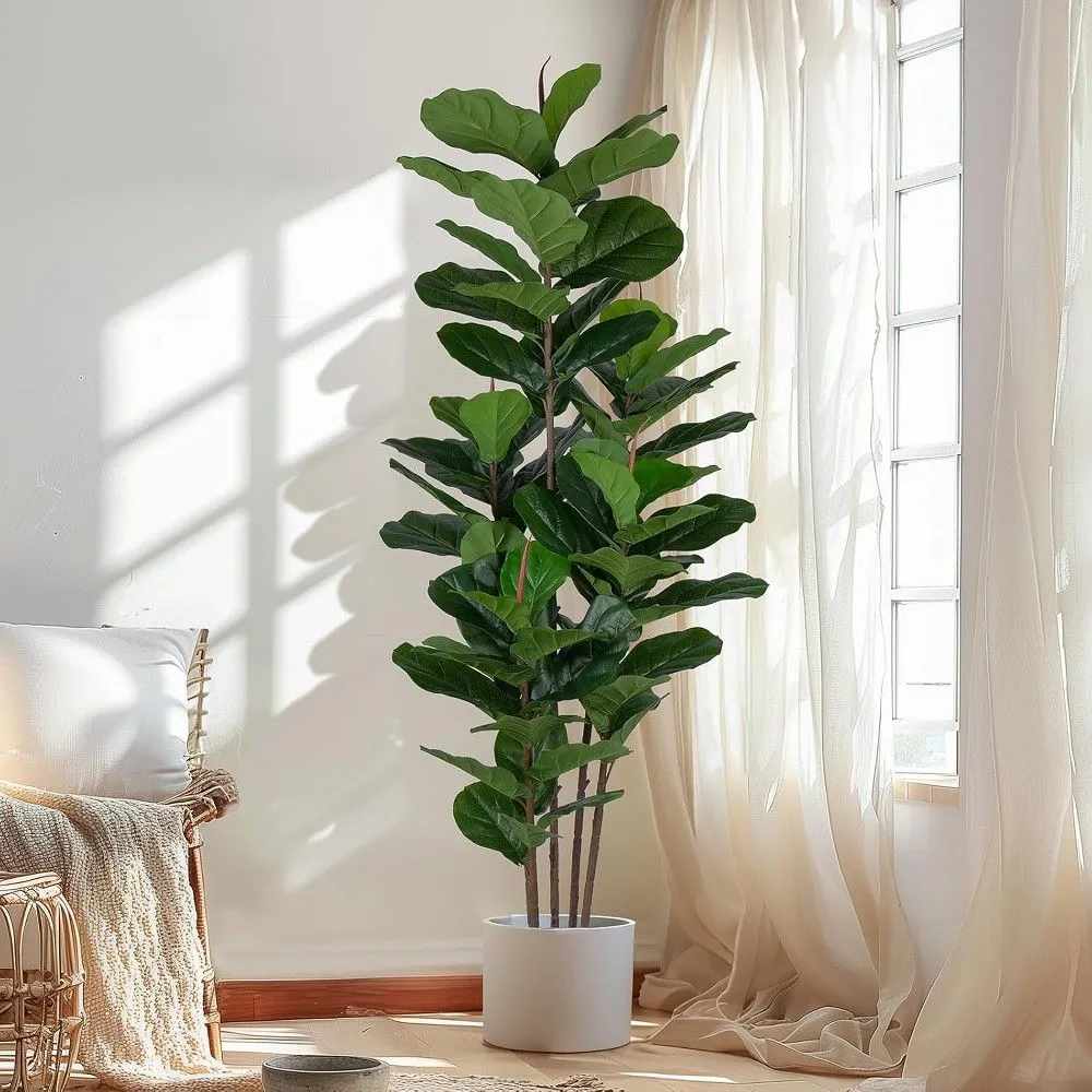 MaseiKar Faux Fiddle Leaf Fig Tree 6 FT - Artificial Ficus Tree with Tall Artificial Plants 69 Fiddle Leaves Greenery - Lifelike Fake Tree for Home