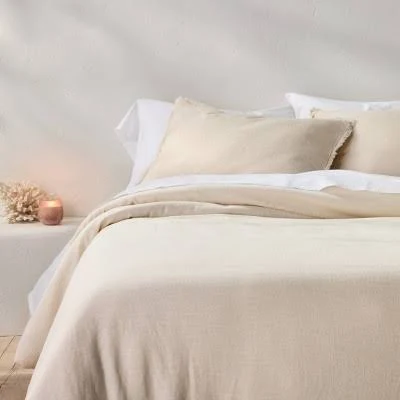 King/California King Heavyweight Linen Blend Comforter & Sham Set Natural - Casaluna: Rayon & Cotton, Hidden Quilting, Zip Closure