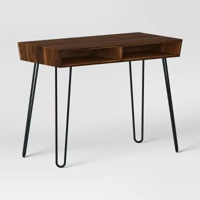 Hairpin Writing Desk with Storage Brown - Threshold: Walnut Finish, Metal Legs, Open Compartments