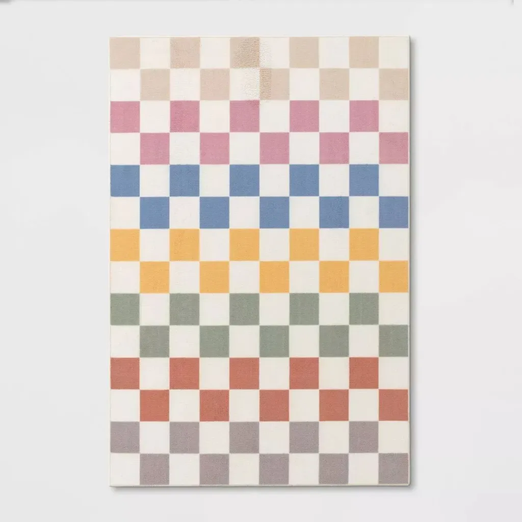 4'x5'6" Washable Checkered Area Rug Ivory/Pink/Blue - Room Essentials