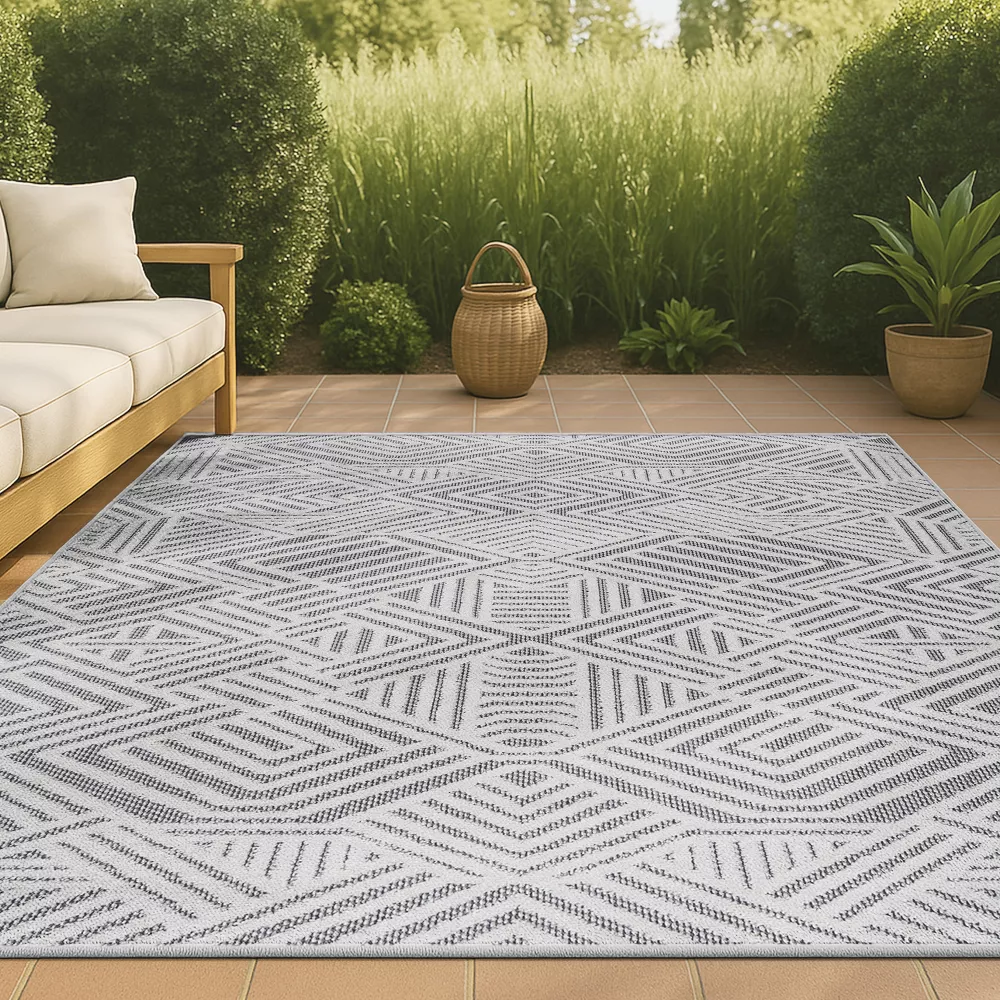 3'x5' Jordan High-Low Pile Art Deco Geometric Indoor/Outdoor Area Rug, White/Black - JONATHAN Y