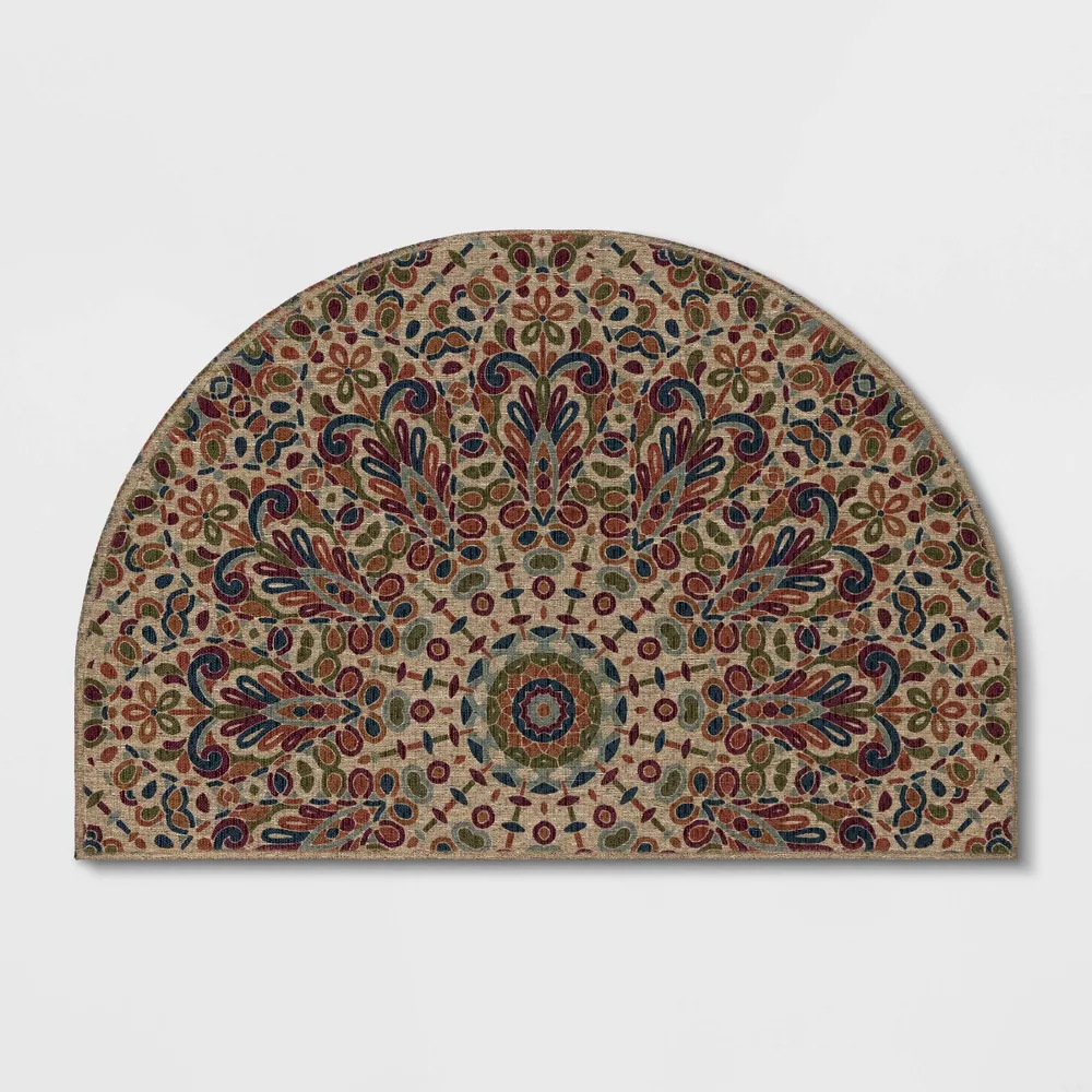 2'x3' Driftwood Medallion Half Round Doormat Beige - Threshold: Outdoor Rubber Backed Low Pile Door Mat