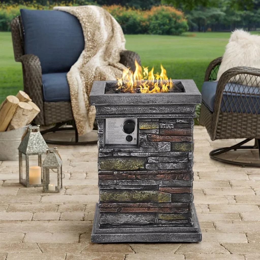 17" Pipestone Outdoor Column Fire Pit Gray - Threshold: Modern Propane Gas Firepit with Lava Rock and Cover